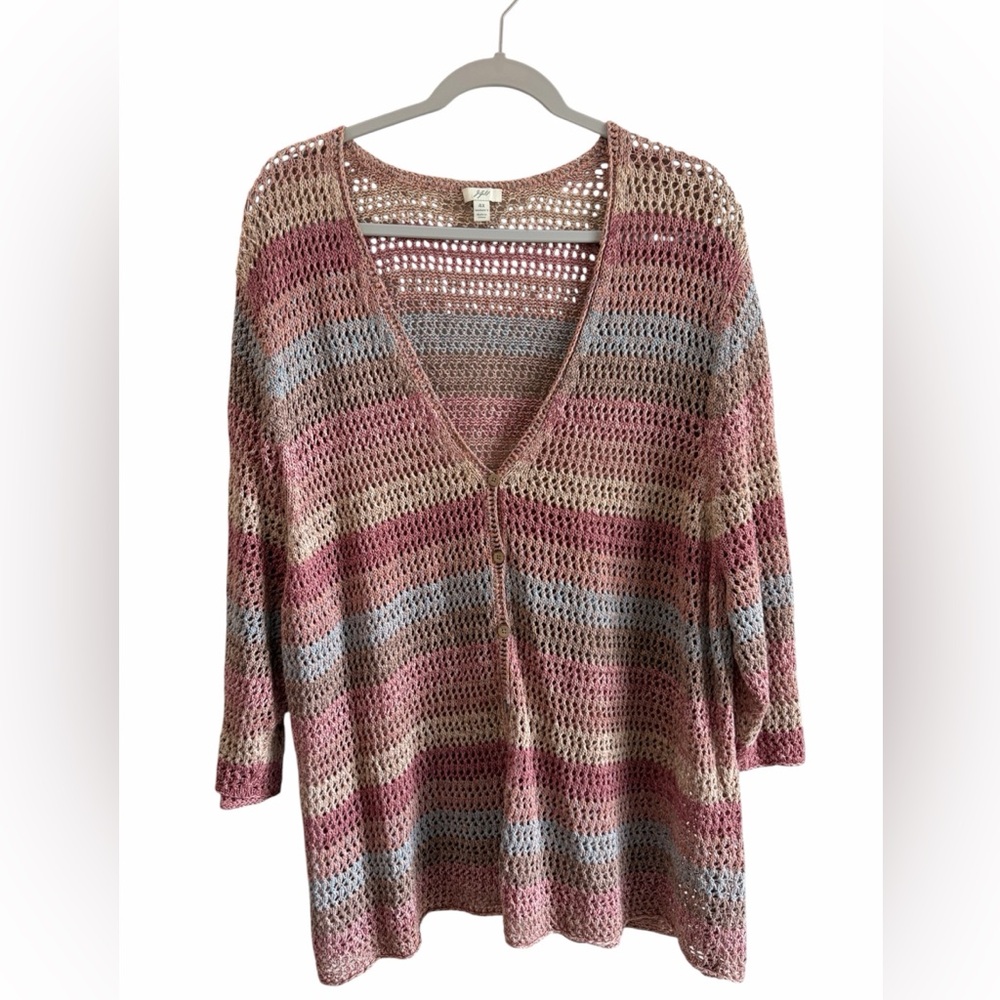 J. Jill 73% Linen Crochet Knit Button-Front Stripe Cardigan (4X) Coastal Beach